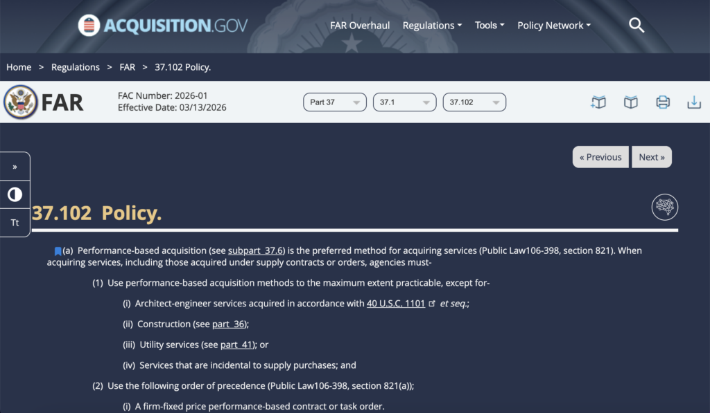 Screenshot of section 37.2 from the FAR website