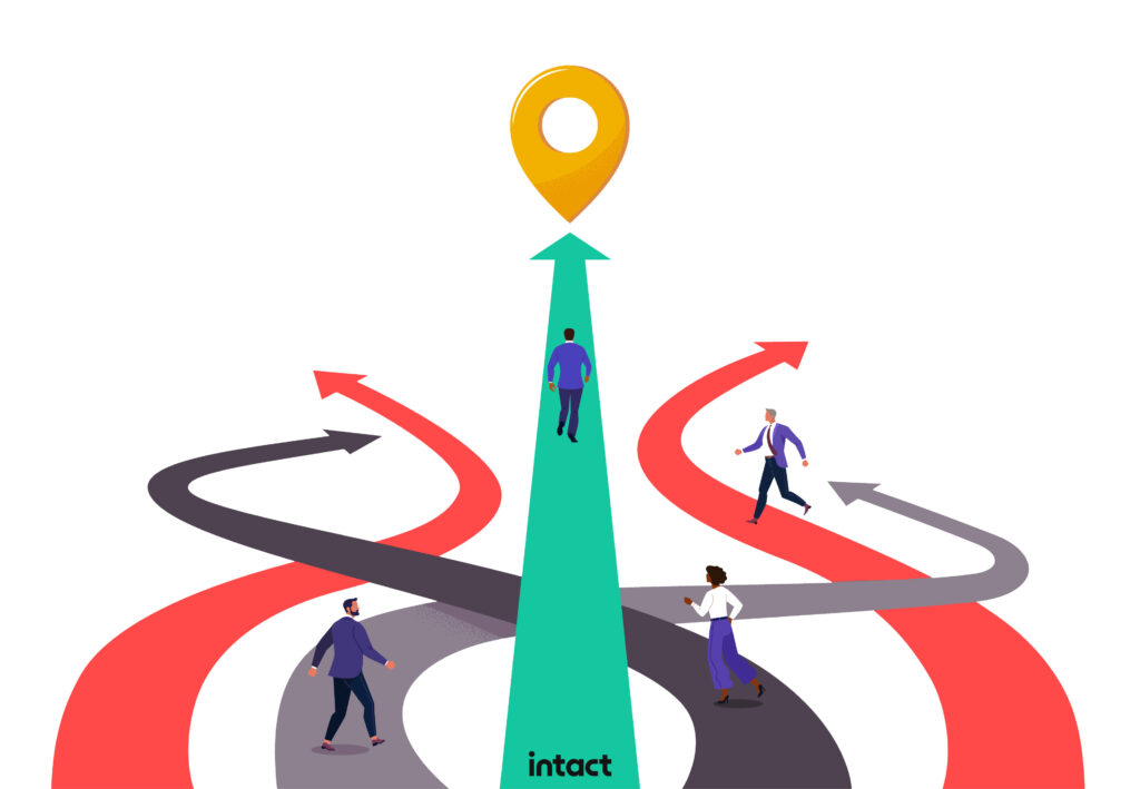 Illustration with people following various paths, one path leads straight to a destination marked by a pin