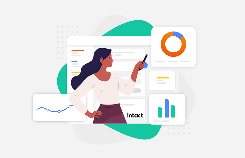 Illustration of woman standing in front of panels with graphs and charts